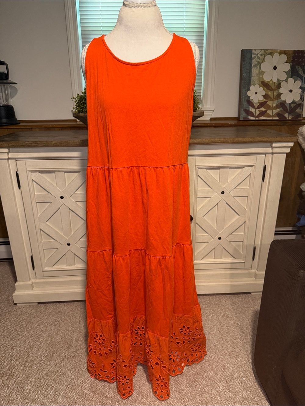 J. Crew Bright Orange Sleeveless Eyelet Tiered Maxi Dress